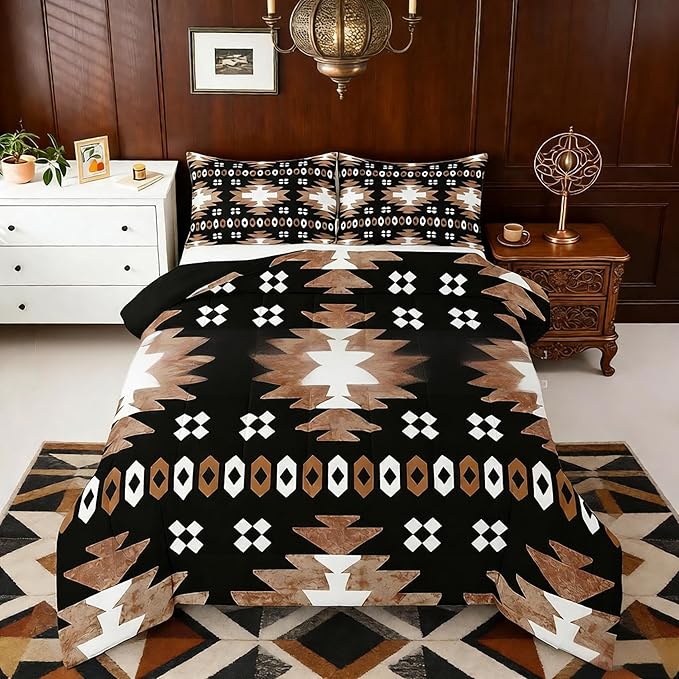 Feelyou Boho Comforter Set Twin Size Southwest Native American Design Comforter Southwestern Geometric Bedding Set Western Decor Duvet Set Room Decor Brown Balck Quilt Set