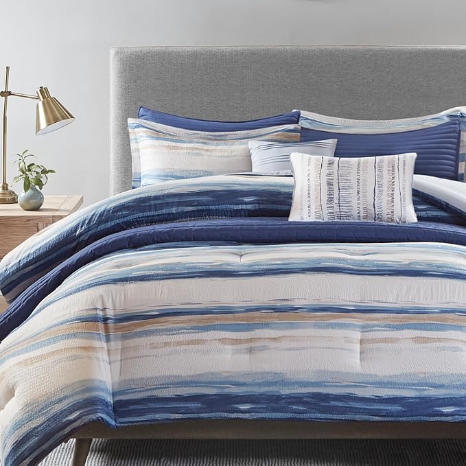 Madison Park Marina Comforter Quilt Combo Set - Modern Luxury Design, All Season Down Alternative Bedding, Matching Shams, Decorative Pillows, King/Cal King(104"x92") Seersucker Blue 8 Piece