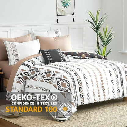 Geniospin Super King Plus Size Comforter Set- 7 Pieces Boho Bed in a Bag, Western Bedding Set for All Seasons, Reversible Aztec Bedding, Lightweight Comforter Bed Set with Sheets, Pillowcases & Shams