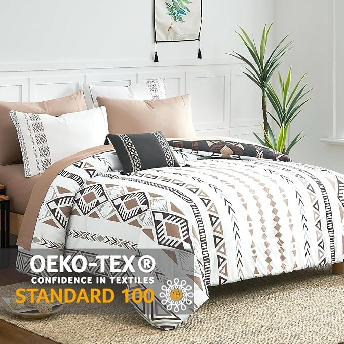 Geniospin Super King Size Comforter Set- 7 Pieces Boho Bed in a Bag, Western Bedding Set for All Seasons, Reversible Aztec Bedding, Lightweight Comforter Bed Set with Sheets, Pillowcases & Shams