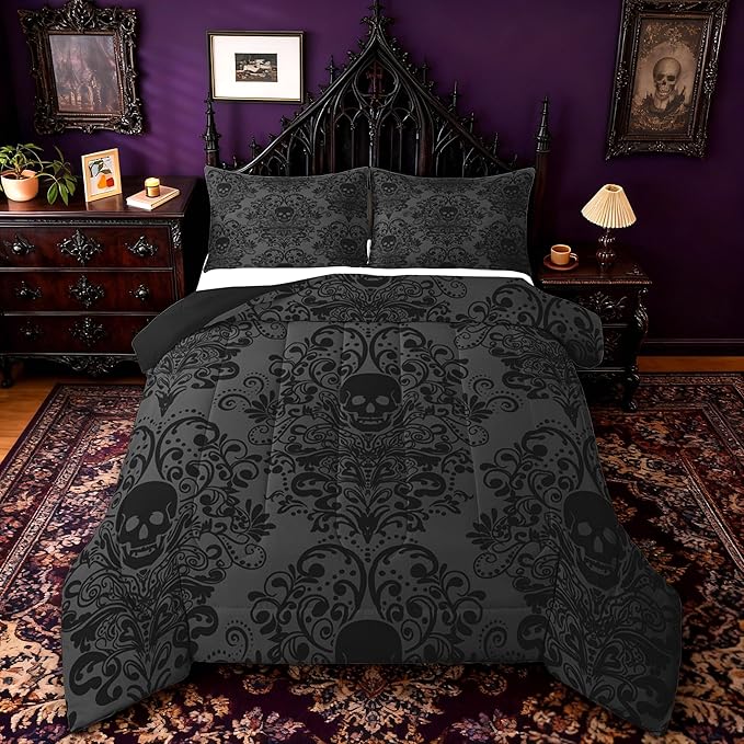 Feelyou Adults Gothic Skull Bedding Set Full Size Kids Damask Print Comforter Goth Bohemian Duvet Breathable Soft Lightweight Microfiber Dark Olive Green Room Decor with 2 Pillowcases