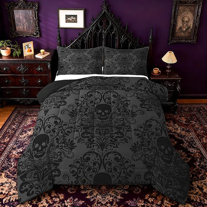 Feelyou Adults Gothic Skull Bedding Set Queen Size Kids Damask Print Comforter Goth Bohemian Duvet Breathable Soft Lightweight Microfiber Dark Olive Green Room Decor with 2 Pillowcases