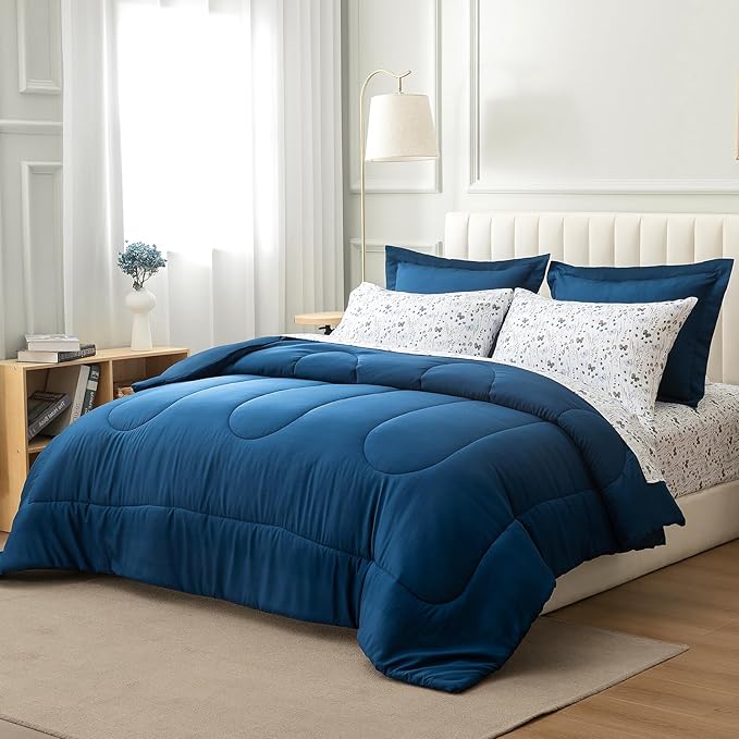 ARTALL Twin Bed in a Bag 5 Pieces, Navy Blue Solid Comforter with Ink Wash Butterfly Floral Sheet Set, Soft Reversible Bedding Sets with Comforter, Sheets, Pillowcase & Sham for All Seasons