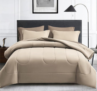 Maple&Stone California King Size Comforter Set 7 Pieces Bed in a Bag - Down Alternative Bed Set with Sheets, Pillowcases & Shams, Soft Reversible Duvet Insert, Beige