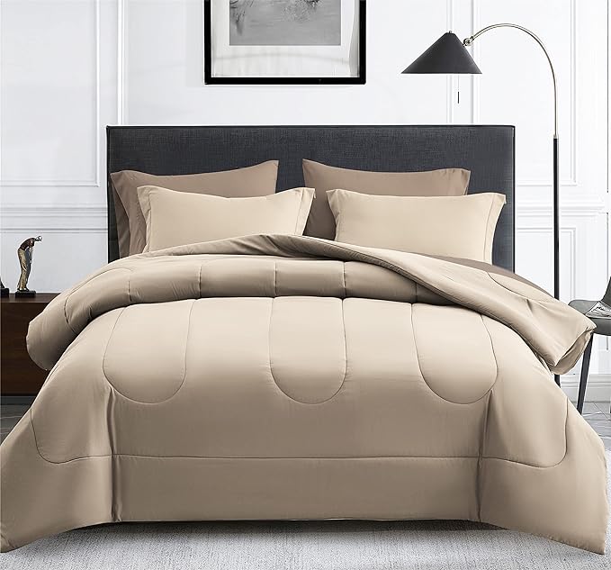 Maple&Stone Queen Size Comforter Set 7 Pieces Bed in a Bag - Down Alternative Bed Set with Sheets, Pillowcases & Shams, Soft Reversible Duvet Insert for Queen Bed, Beige