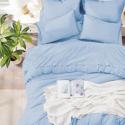 Andency Full Size Comforter Set Light Blue -7 Pieces Boho Tassel Bed in a Bag Soft Lightweight Bedding Sets, Fringe All Season Bed Set with Comforter, Sheets, Pillowcases & Shams