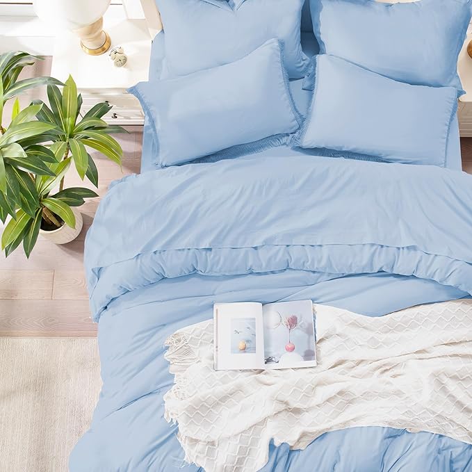 Andency King Size Comforter Set with Sheets Light Blue - 7 Pieces Bed in a Bag Boho Soft Lightweight Bedding Sets, Tassel Bed Set with Comforter, Sheets, Pillowcases & Shams