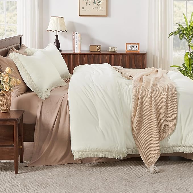 Andency Comforter Set Oversized King Ivory 120x120, 3 Pieces Boho Fall Tassel Lightweight Bedding Comforter Sets, All Season Soft Bed Set (1 Comforter & 2 Pillowcases)