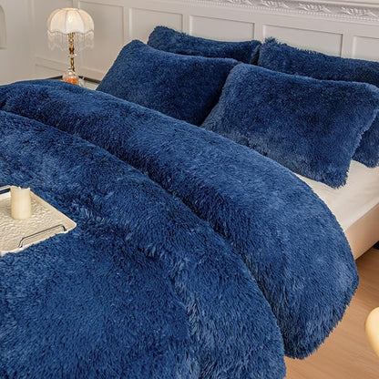 chovy Faux Fur Plush Royal Blue Comforter Sets King - Ultra Soft Shaggy Flannel Velvet Fluffy Fuzzy 3PC Bedding Set (Comforter x 1 Pillowcases x 2)