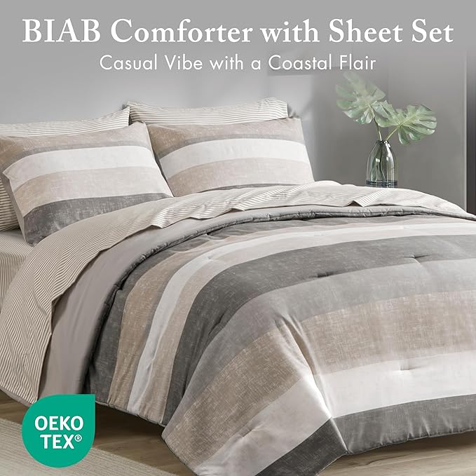 Madison Park Essentials King Comforter Set, Bed in A Bag Comforter & Sheet Set, Modern Casual Stripes Print, All Seasons, Soft Microfiber Bedding Makeover, Matching Shams, Cal King Taupe/Grey 7 Piece