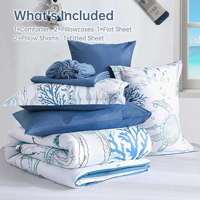 Comforter Set King Size Coastal, Seaweed & Turtle Comforters 7 Pieces Ocean Coral Bed in a Bag Nautical Bedding with Sheets for Spring Summer Decor
