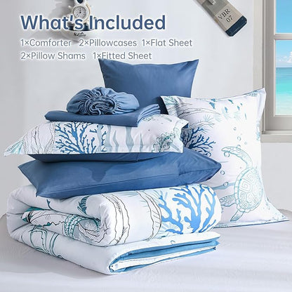 Comforter Set King Size Coastal, Seaweed & Turtle Comforters 7 Pieces Ocean Coral Bed in a Bag Nautical Bedding with Sheets for Spring Summer Decor
