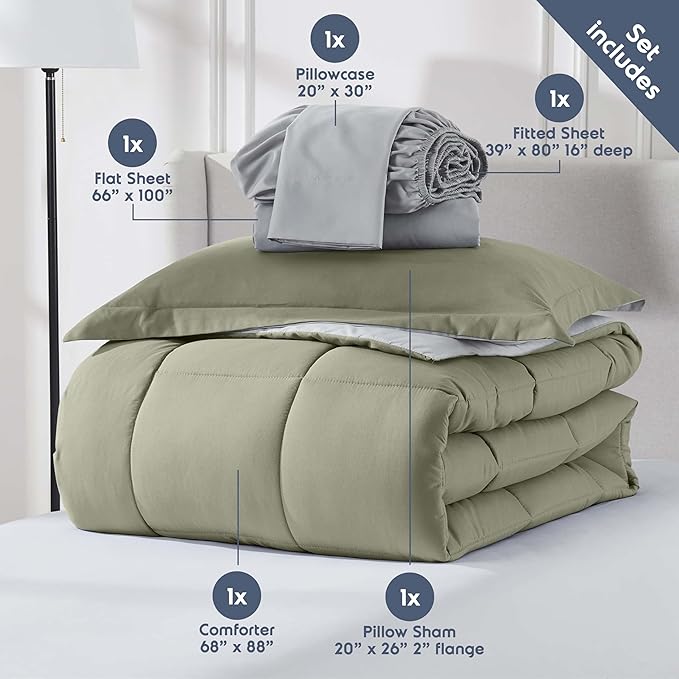 Nestl 5 Piece Twin XL Comforter Set – Light Sage Reversible Bed in a Bag – Complete Twin XL Size Bedding Set with Sheets, Pillowcase and Sham