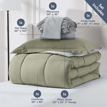 Nestl 5 Piece Twin XL Comforter Set – Light Sage Reversible Bed in a Bag – Complete Twin XL Size Bedding Set with Sheets, Pillowcase and Sham
