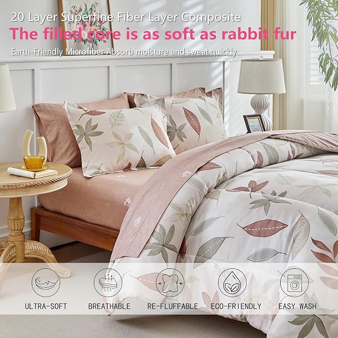 AIKASY 6-Piece Comforter Set Bed in a Bag, Beige Leaf Pattern Bedding Set with Comforter, Soft and Cozy All-Season Bedroom Decor (Twin, Beige)