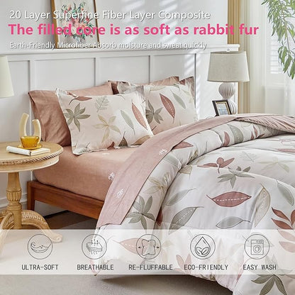 AIKASY 7-Piece Comforter Set Bed in a Bag, Beige Leaf Pattern Bedding Set with Comforter, Soft and Cozy All-Season Bedroom Decor (King, Beige)