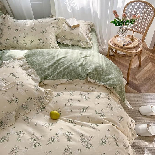 mixinni Cottagecore Floral Comforter Set King Size - 3 Piece Soft Reversible Ruffled Lace Botanical Duvet Cover with Pillow Shams, Light Beige & Green Leaf Print, Spring Bedding for Girls