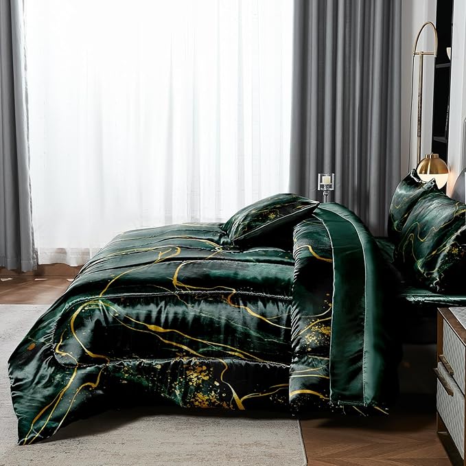 Green Marble Comforter Sets King Silky Satin Bedding Emerald Green Gold Marble Stone Texture Silk Like Abstract Bed in A Bag with Comforter and Sheet Set