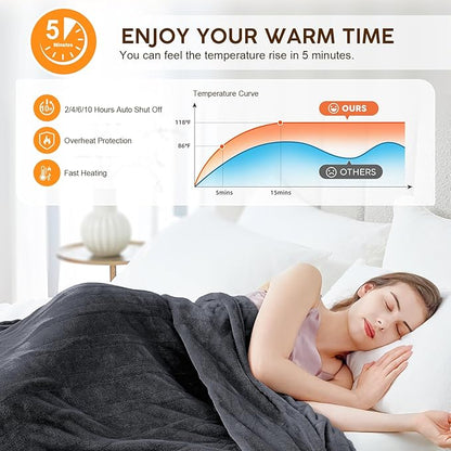 HYLEORY Heated Electric Blanket Throw, 2-Layer Cozy Warm Flannel 50" x 60", Heating Blanket with 9 Heating Levels, 2/4/6/10 Hours Auto Off, Fast Heating Winter Blanket, Dark Grey