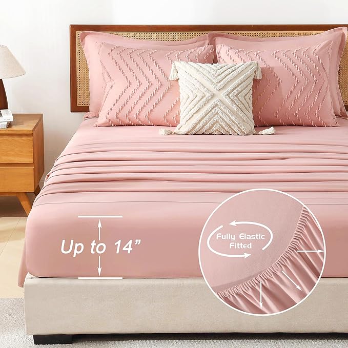 Litanika Blush Pink Full Size Comforter Set with Sheets - 7 Pieces Bed in a Bag Full Boho Tufted Complete Bedding Sets with Comforter, Sheets, Pillowcases & Shams