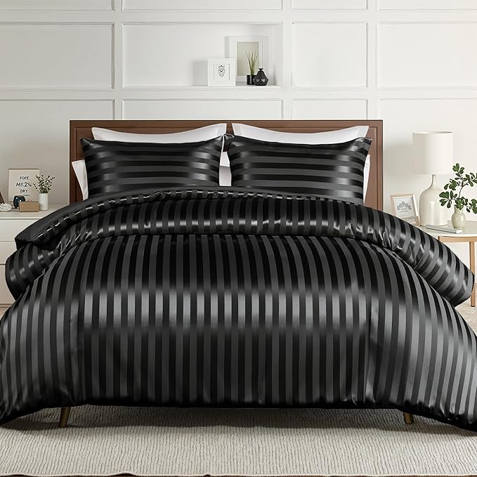 Whale Flotilla 2-Piece Reversible Silky Soft Twin Size Comforter Set, Luxury Stripe Satin Comforter Bedding Set with Satin Pillowcase, Lightweight Duvet for All Seasons, Black
