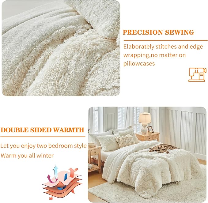 Faux Fur Shaggy Comforter Set Queen 3 Pieces - 1 Cream White Comforter Set with Sherpa and 2 Pillowcases, Ultra Soft and Easy Care Luxury Plush Shaggy Super Soft and Warm Beige Duvet Set