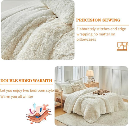 Faux Fur Shaggy Comforter Set Queen 3 Pieces - 1 Cream White Comforter Set with Sherpa and 2 Pillowcases, Ultra Soft and Easy Care Luxury Plush Shaggy Super Soft and Warm Beige Duvet Set