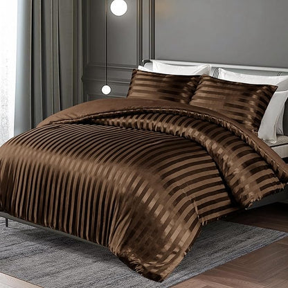 Whale Flotilla 3-Piece Reversible Silky Soft Queen Comforter Set, Luxury Stripe Satin Comforters Full Size Bedding Set with 2 Satin Pillowcases, Lightweight Duvet Set for All Seasons, Brown