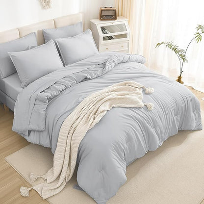 Litanika Oversized King Comforter Sets Light Grey - 7 Pieces Bed in a Bag Oversized King Bedding Comforter Sets, Solid Lightweight Bed Set with Comforter, Sheets, Pillowcases & Shams