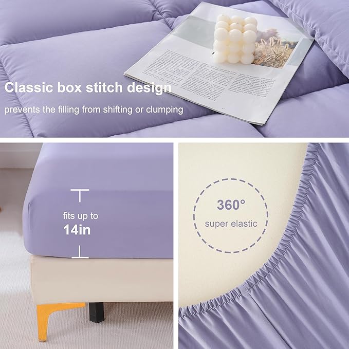 DOWNCOOL Queen Comforter Set, 7Pcs Bedding Sets Queen Purple, All Season Down Alternative Bed in a Bag Queen with Comforter, Flat Sheet, Fitted Sheet, 2 Pillow Shams & 2 Pillowcases