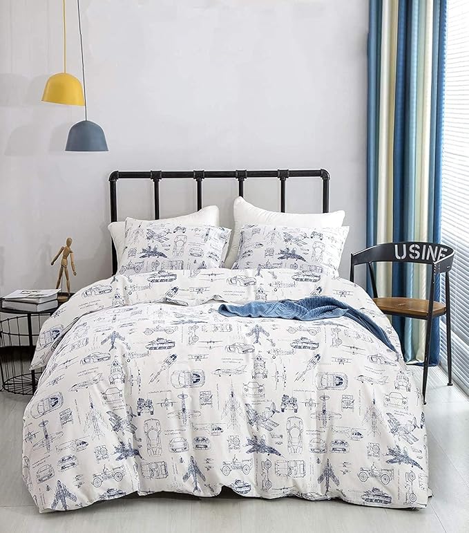 KAREVER Aircraft Comforter Set Full Boys White Cartoon Bedding Set Alternative Comforters Airplane Car Tank Printed White Bedding Blanket Full for Children Teen Boy with Microfiber Inner Insert