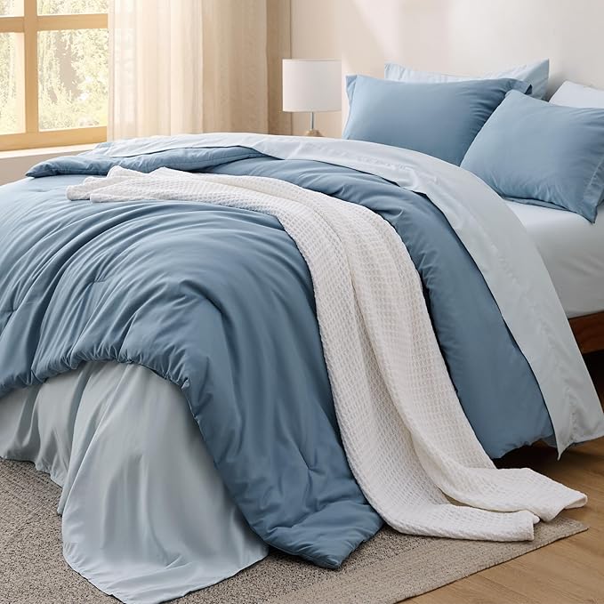 Bedsure King Size Comforter Set - 7 Pieces Grayish Blue King Bedding Set for All Seasons, Boho Contrasting Design Bed in a Bag with Comforter, Sheets, Pillowcases & Shams