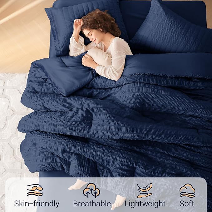 MUXHOMO 7 Pieces King Comforter Set, Seersucker Bed in a Bag King Size, All Season Luxury Bedding Set with Comforter, Flat Sheet, Fitted Sheet, Pillowcases & Shams, Navy Blue