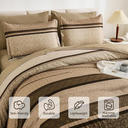 WONGS BEDDING 7 Pieces Comforter Set Queen Size, Brown Striped Bed in a Bag Comforter and Sheet Set, Minimalist Geometric Soft Lightweight Micorfiber Bedding Set for All Season (90"×90")