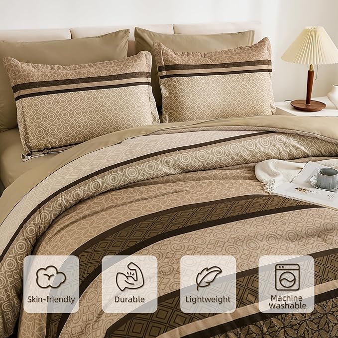 WONGS BEDDING Comforter Set Full Size, Brown Striped 7 Pieces Bed in a Bag Comforter and Sheet Set, Minimalist Geometric Soft Lightweight Micorfiber Bedding Set for All Season (78"×90")