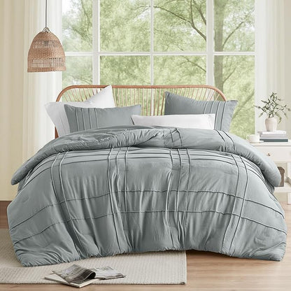 Comfort Spaces Blue/Grey Full Size Comforter Set - 3 Pieces Pintuck Pleated Bedding Sets, All Season Lightweight, Extra Softness Pre-Washed Microfiber Full Bed Set, Shams, Full
