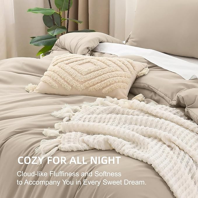 Litanika Comforters Khaki Oversized Queen Size, 3 Pieces Lightweight Solid Bedding Comforter Set, All Season Fluffy Bed Set (98x98In Comforter & 2 Pillowcases)