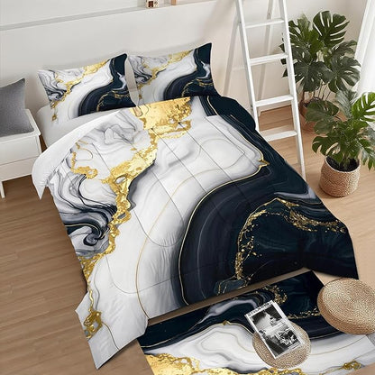 3D Marble Bedding Sets Full Size Grey White and Black Gold Bedding Set Luxury Marbling Texture Bed Set for Bedroom Decor Soft Quilt Set with 1 Comforter + 2 Pillowcases