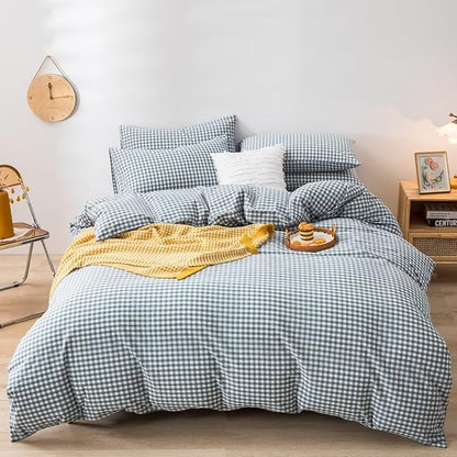 mixinni Blue Gingham Comforter Set Queen, Plaid Comforter Set 3 Pieces 1 Blue Grid Comfoter with 2 Pillow Cases for All Seasons, Soft Fluffy Modern Grid Pattern Printed Bedding-Queen Size