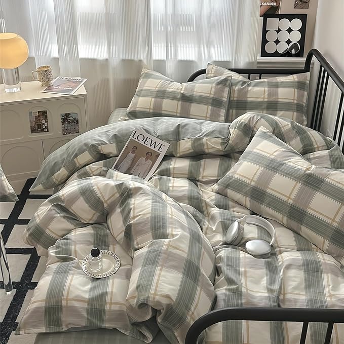 mixinni Full Comforter Set Green Geometric Checkered Plaid Bedding Comforter Set Men Boys Modern Style All Season Soft Fluffy Lightweight Bedding Set-Full Size