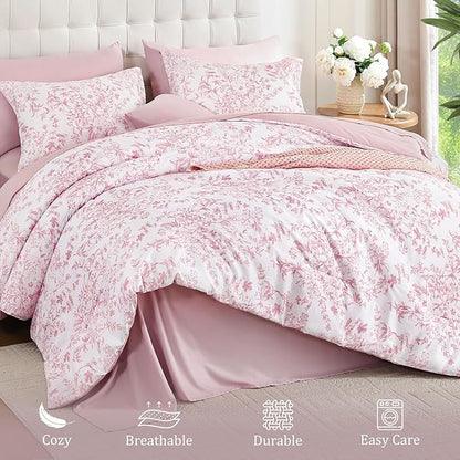 WONGS BEDDING King Size Comforter Set, 8 Pieces Pink Floral Bed in a Bag Comforter Sets, Botanical Print Soft Fluffy Microfiber Complete Bedding Sets for All Season (90"x104")
