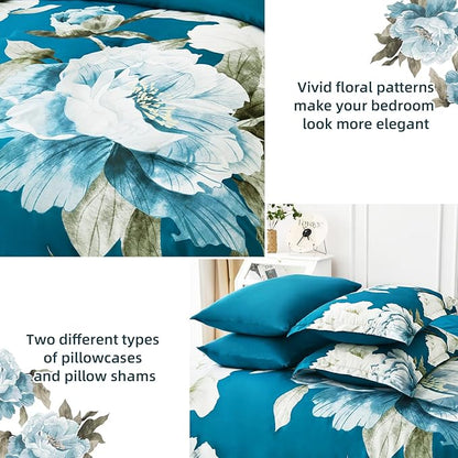 Dobuyly Teal Comforter Set Queen 7 Piece Bed in a Bag, Teal Blue Floral Printed Comforter Set with Sheets, Soft Microfiber Botanical Complete Bedding Set for All Season