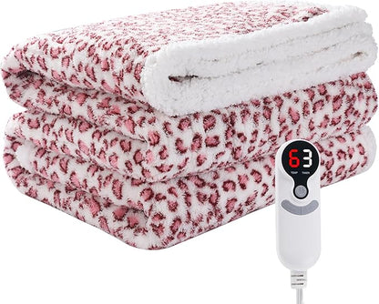 Electric Heated Blanket Full Size 72"×84" with 9 Heating Levels & 1-10Hs Auto Off, Plush Sherpa, Energy Efficient, Machine Washable, for Couch & Bed, Leopard Print Pink & White