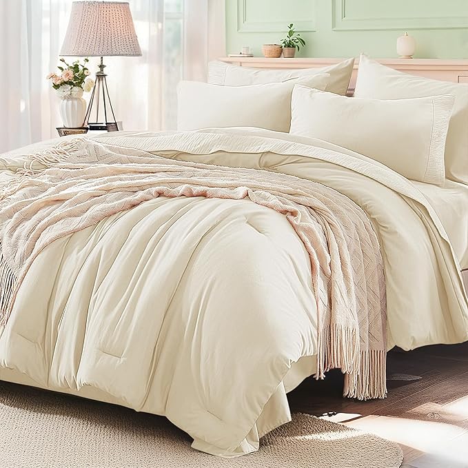 Anluoer Cream Queen Comforter Set 7 Pieces, Bed in a Bag with Sheets, All Season Bedding Sets with 1 Comforter, 2 Pillow Shams, 2 Pillowcases, 1 Flat Sheet, 1 Fitted Sheet