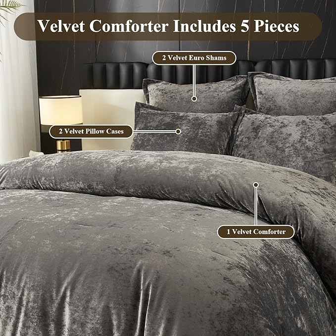 Ivellow Crushed Velvet Comforter Set King, Lightweight Comforter Set, 5pcs Ultra Soft Breathable Grey Comforter Set, Luxury Cozy Flannel Comforter King Size (1 Comforter,2 Pillow Shams, 2 Euro Shams)