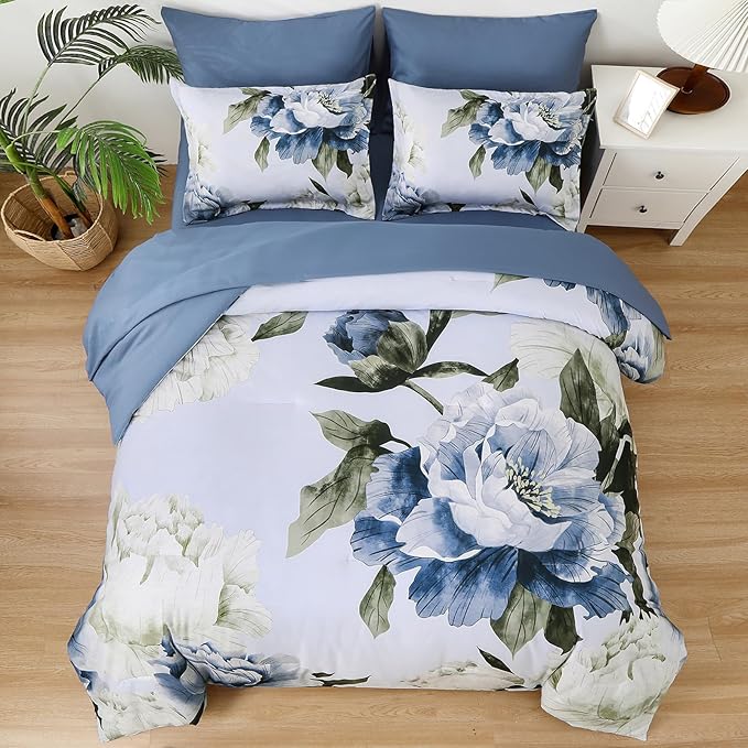 Dobuyly Blue Queen Comforter Set 7 Piece Bed in a Bag Queen, Blue Floral Print on Light Blue Comforter Set with Sheets, Soft Microfiber Complete Bedding Set for All Season