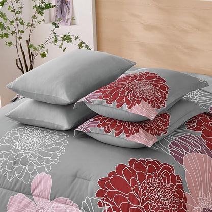Yiran Bed in a Bag Queen Comforter Set 7 Pieces Burgundy Pink Red Floral Comforter Set Flower Soft Microfiber Bedding Set for All Season 90"×90"
