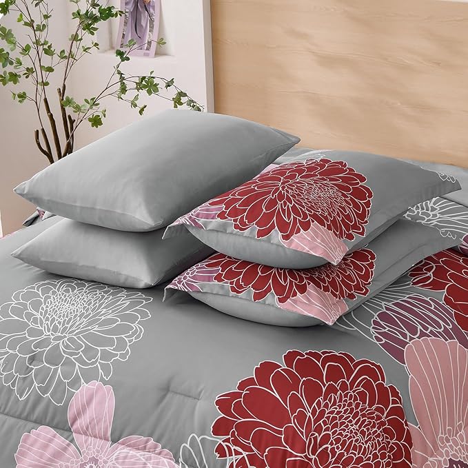 Yiran Burgundy Pink Red Floral Comforter Set Bed in a Bag Flower Comforter Set Soft Microfiber Bedding Set King 104''x90''