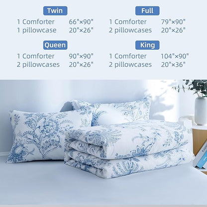 BOLINLIVING Floral King Size Comforter Set, Soft Breathable Bed in a Bag King Size 3 Pieces, Blue and White Floral Bedding Set for All Season, 1 Comforter & 2 Pillowcases