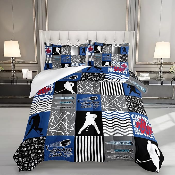 HOSIMA Ice Hockey Full Size Comforter Sets for Boys Kids Teens Bedroom Decor,Soft Microfiber Sports Theme Blue and Gray Hockey Bedding with 2 Pillowcases,Hockey Player Bedding Comforters & Sets.